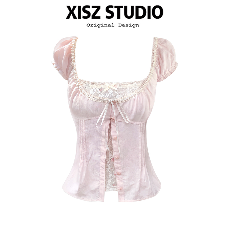 Sweet Style Lace Splicing U-Neck Puff Sleeve Blouse, Summer Youthful Fashion, Age-Reducing and Slimming Fake Two-Piece Top