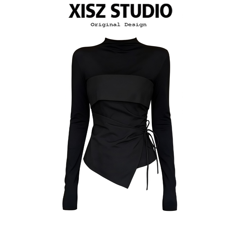 Trendy Irregular Patchwork Waist-Cinching Faux Two-Piece Top for Women, Autumn and Winter Niche Design, Slimming Inner Wear T-Shirt
