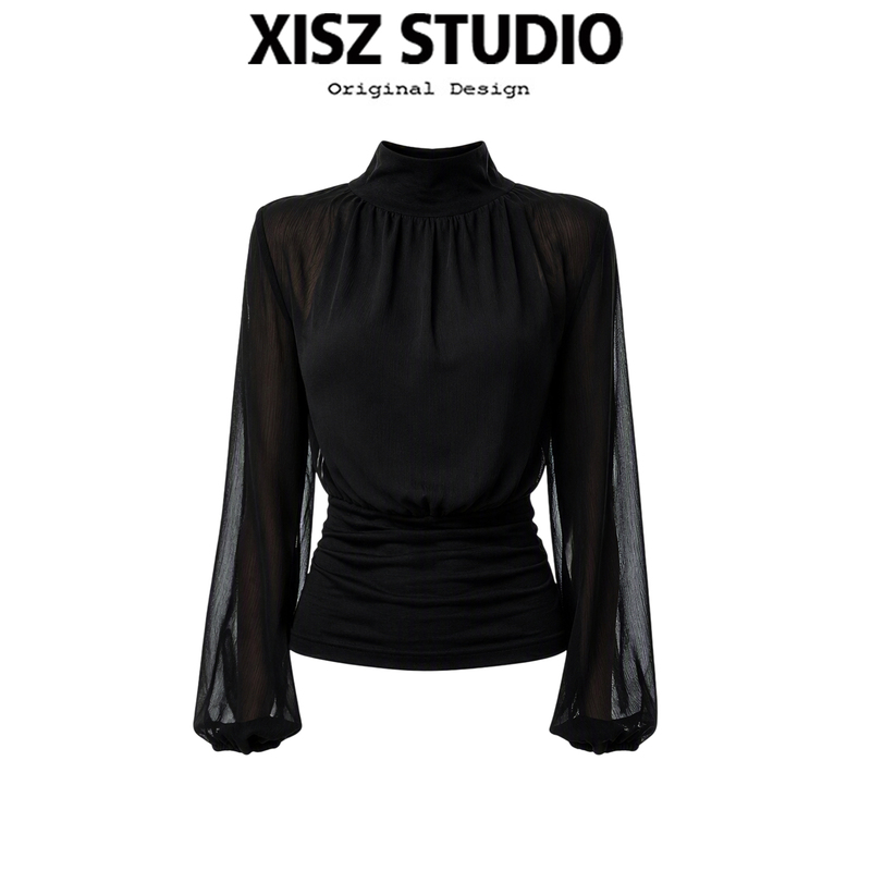 Elegant Korean Style Black High-Neck Chiffon Mesh Patchwork Long-Sleeve Top for Women, Autumn Waist-Cinching Chic T-Shirt Trend