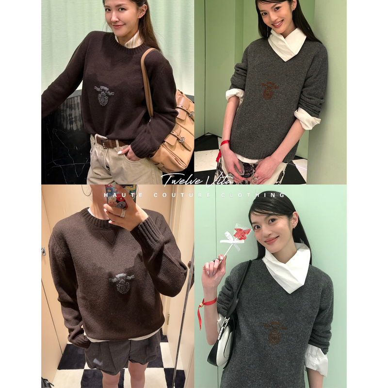 Twelve Vita Classic 26 Autumn/Winter Lazy Style Embroidered Letter Round Neck Wool Knit Sweater for Women