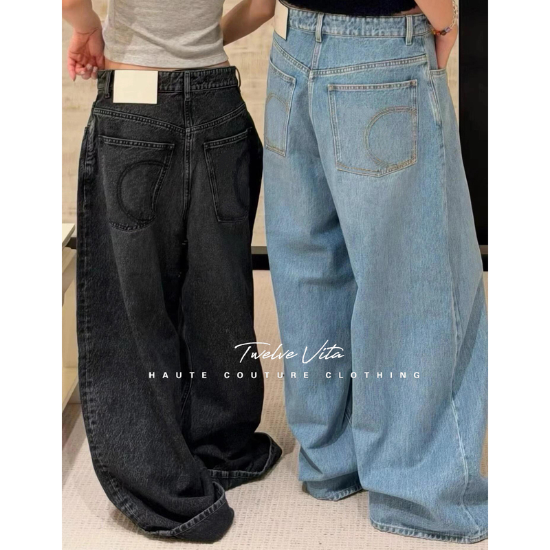 Twelve Vitat Is Easy to Wear! 26A Autumn Washed Pocket Embroidered Leather Label Wide-Leg Denim Pants for Women Twelve Vitat Is Easy to Wear! 26A Autumn Washed Pocket Embroidered Leather Label Wide-Leg Denim Pants for Women
