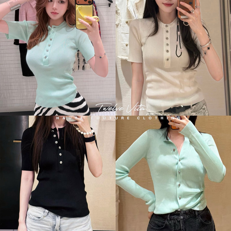 Twelve Vita Handicraft Workshop 26A High-Sensitivity Elastic Slim-Fit Round Neck Rhinestone Button Knitted Short-Sleeve Top