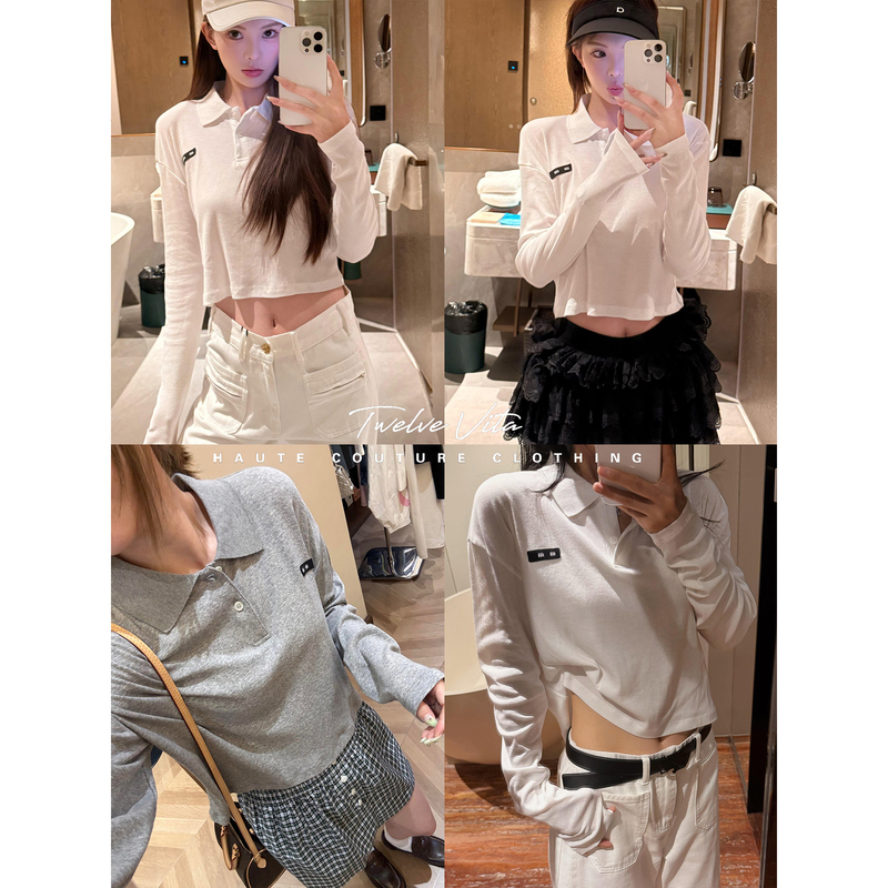Twelve Vita Good Girl Style Outfit 26 Autumn Preppy Style Letter Patch Polo Collar Long-Sleeve T-Shirt Top for Women