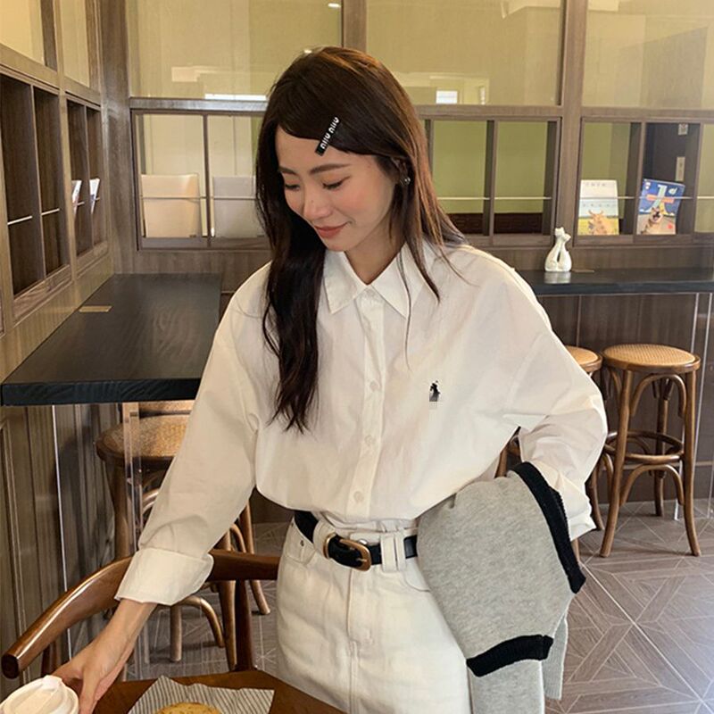 French-Style Long-Sleeved Loose-Fitting Unique Embroidered White Shirt, New Spring Casual Layered Polo Collar Top for Women