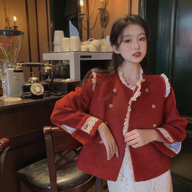 Online Red Fashion Design Sensation Red Jacket Woman 2020 new autumn and winter 100 hitch retro port Taste Temperament Foreign blouses
