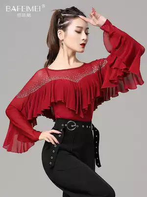 Parfait charm modern dance top women's new Latin dance waltz national standard dance long-sleeved ruffle jumpsuit