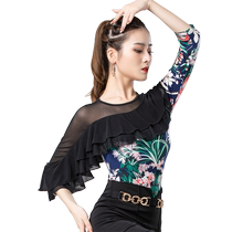 Morden Dance Blouse Womens New Latin Dance National Mark Dance Waltz Waltz Round Neckline Skewed Shoulder Lotus Leaf Side One-piece Suit