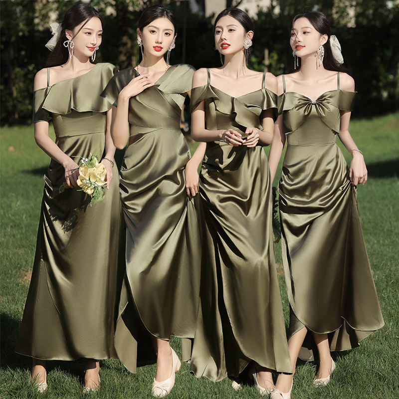 Green Bridesmaid Dress 2026 New Satin Sister Group Dress Women's High-End Niche Slim Fit Summer Green Bridesmaid Dress 2026 New Satin Sister Group Dress Women's High-End Niche Slim Fit Summer