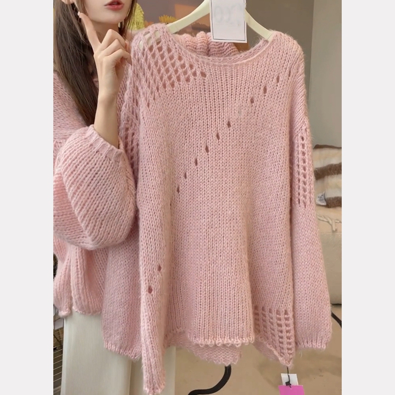 Mall Counters Withdraw Unique, Chic, and Sophisticated Dopamine Pink Knitted Hollow-Out Sweater for Women in Autumn