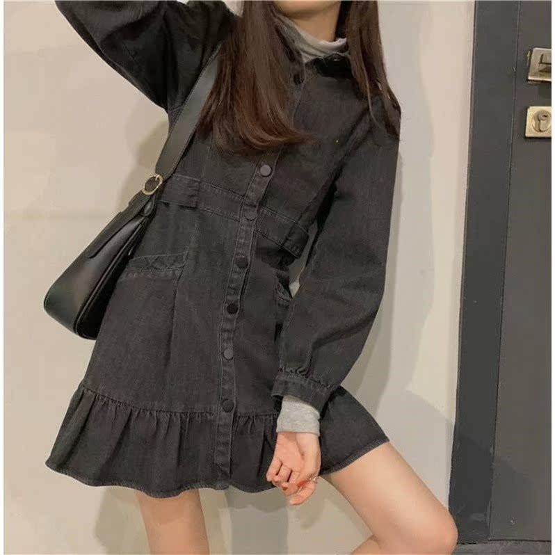 French denim dress women autumn and winter New Large size fat mm age reduction temperament loose thin Joker leaf skirt