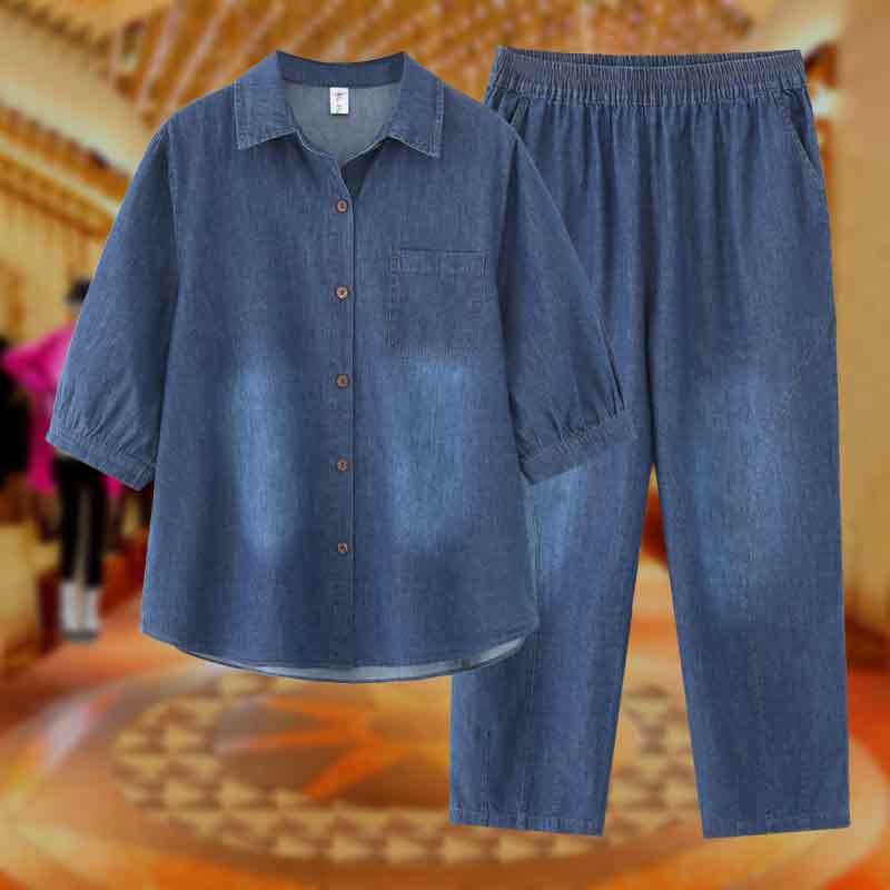 Middle-Aged and Elderly Fat Mothers' Summer Pure Cotton Denim Three-Quarter Sleeve Shirt and Pants Set, Loose Fit, Slimming Two-Piece Set for Women