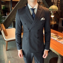 Double-breasted suit mens suit striped slim mens suit jacket business groom wedding dress professional dress