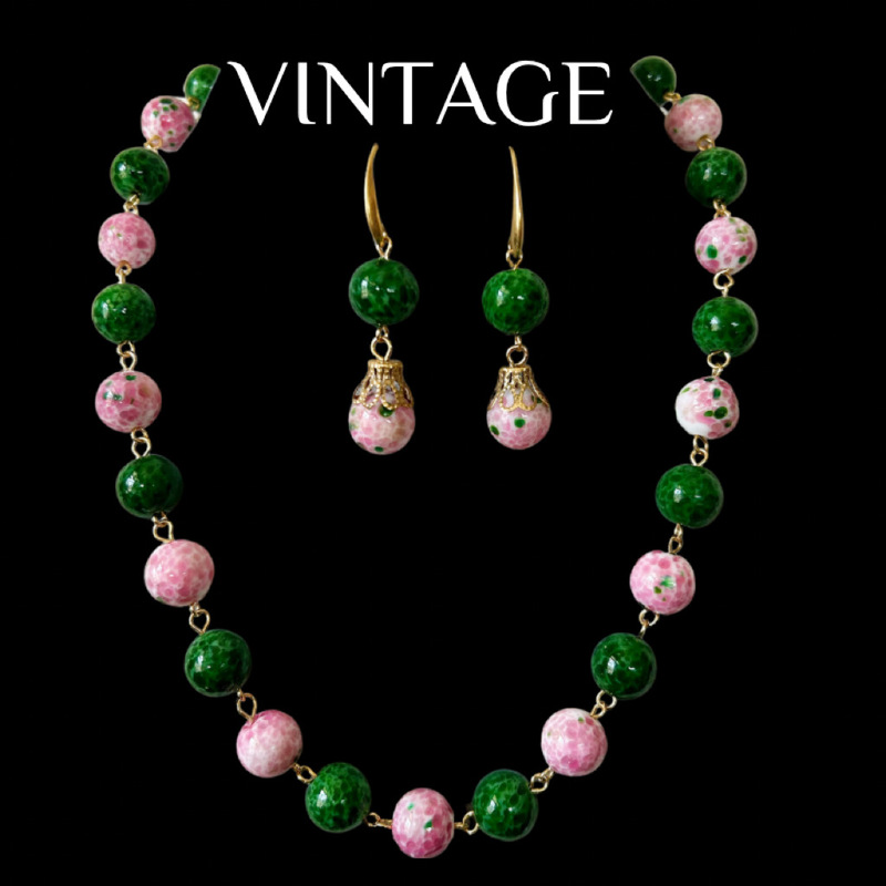 Vintage New Chinese Style Fresh Color-Block Old Material Melon Skin Glaze Frog Skin Glaze Necklace and Earring Set Vintage New Chinese Style Fresh Color-Block Old Material Melon Skin Glaze Frog Skin Glaze Necklace and Earring Set