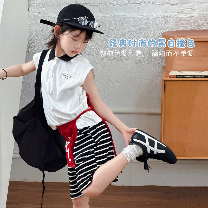 [Large and Small Sizes] Children's Black and White Contrast Color Polo Sleeveless Top + Striped Shorts Two-Piece Set-710630