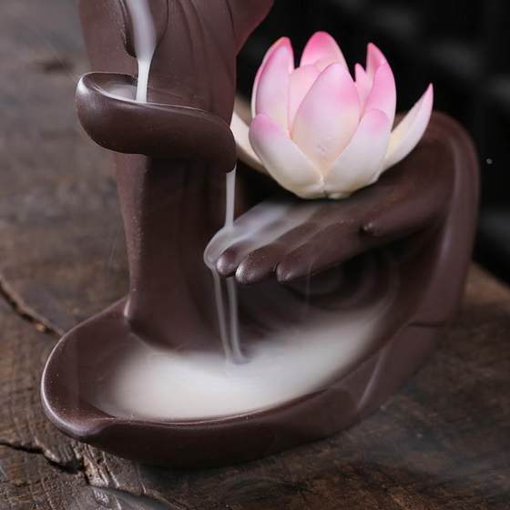 Original purple sand backflow incense burner lotus Buddha hand phaseless white porcelain handmade flower Zen backflow aromatherapy burner