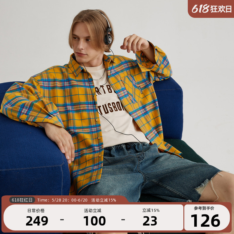 Heartboon Yellow Plaid Long-Sleeved Shirt for Men, Stylish American Retro Loose-Fitting Couple's Trendy Brand Jacket for Women Heartboon Yellow Plaid Long-Sleeved Shirt for Men, Stylish American Retro Loose-Fitting Couple's Trendy Brand Jacket for Women