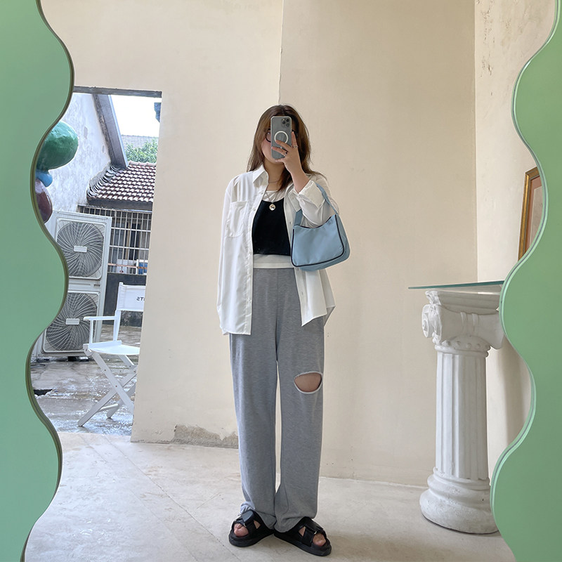 Kaka Don't eat a knee No Home Microfat mm Grey Straight Barrel Loose slim Hole Casual 100 Hitch Pants