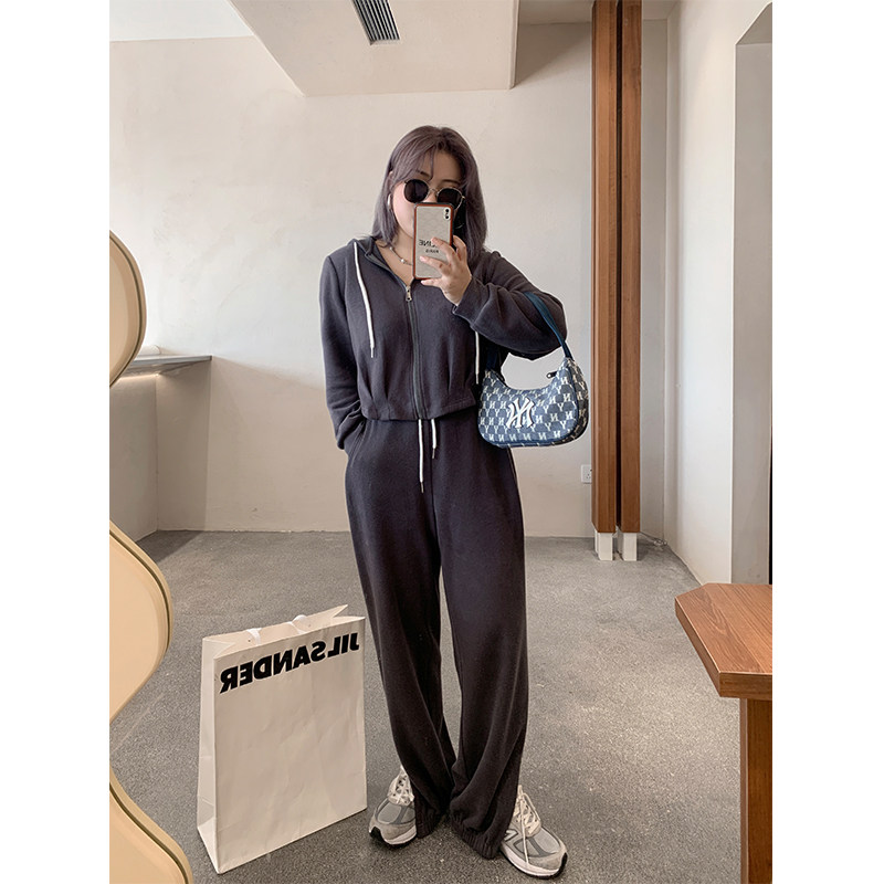 Kaka Don't eat the mountain sea or the Lingu Microfat mm Leisure Lianhood Sports Shirt Fork Casual Pants Suit Autumn