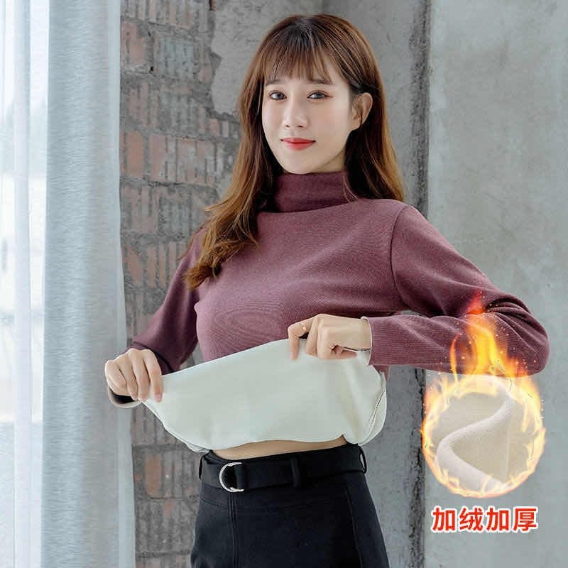 Autumn and winter warm women's cationic bottoming shirt plus velvet thickened inner half turtleneck German velvet top women's solid color all-match