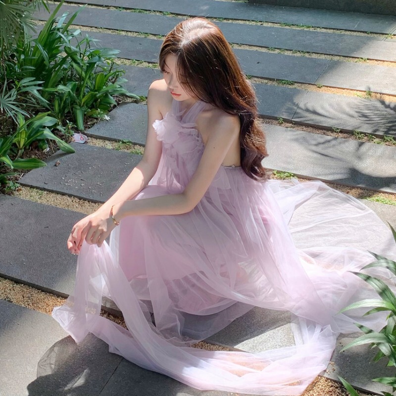 Beach Vacation Backless Halter Dress for Women Summer 2026 New Organza French Mesh Super Fairy Dress
