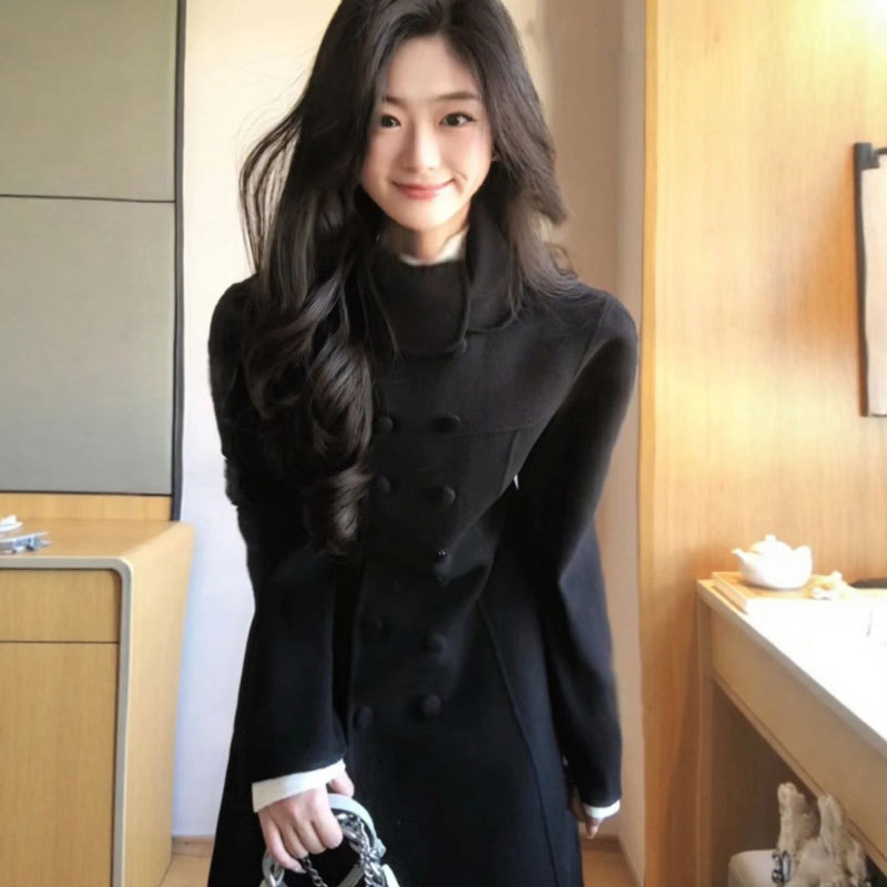 Korean Style High-End, Super Stylish, Waist-Cinching, Slim-Fit Black Woolen Coat, This Year's Popular Hot-Selling Coat for Spring 26