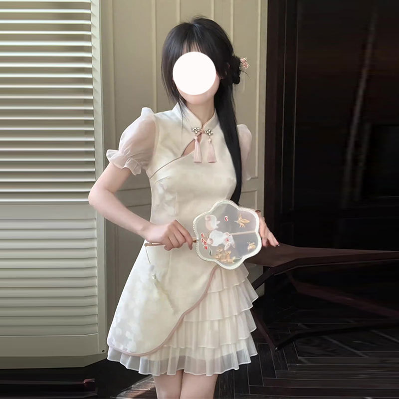 New Chinese-Style Improved Cheongsam Jacquard Stand-Up Collar Dress for Petite Figures, French-Style Elegant Korean-Inspired Outfit