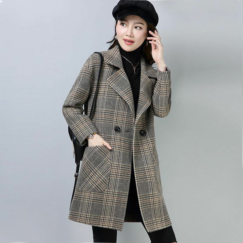 New Style Spring and Autumn Double-Sided Wool Cashmere Coat for Middle-Aged Women, Mid-Length Fashionable Plaid Jacket, Stylish and Luxurious