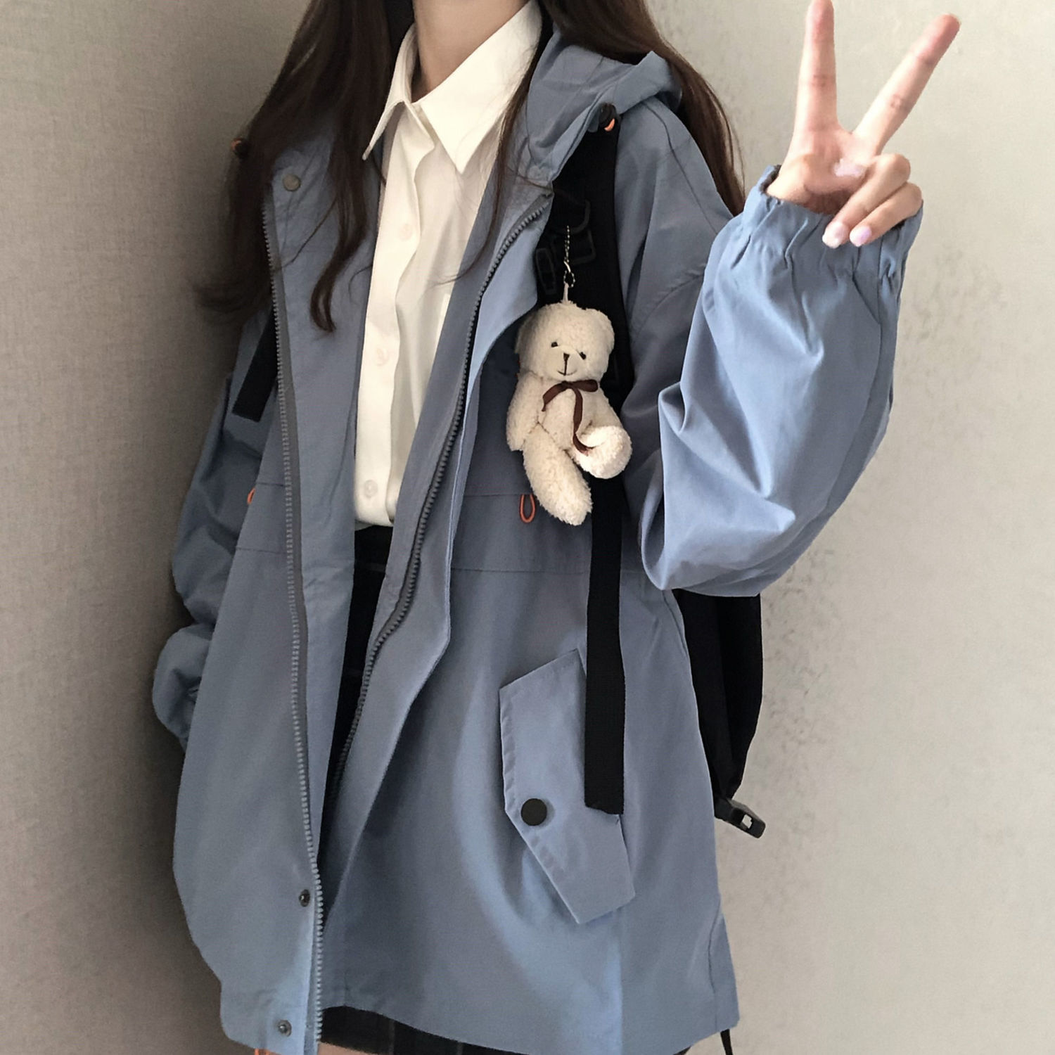 Blouses Port Wind 100 Hitch Student Jacket Han Edition Pure Color Spring Autumn Loose Tide Woman cap jacket Leisure Long sleeves Overalls