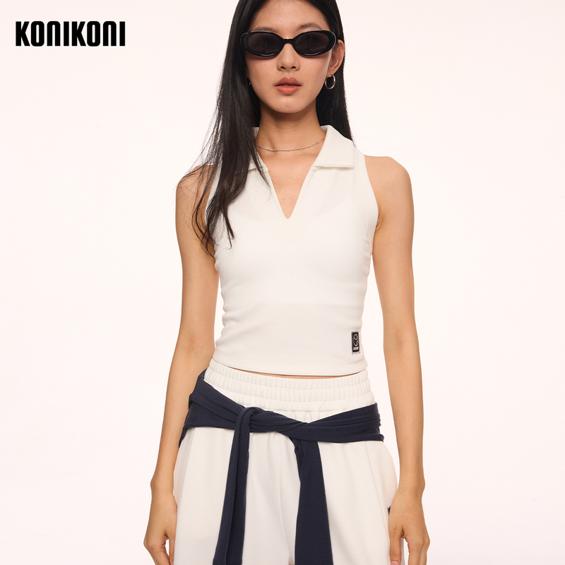Konikoni Women's Polo Collar Half-Zip Sleeveless Sports T-Shirt Fitness Slim Short Single-Layer Tennis Vest