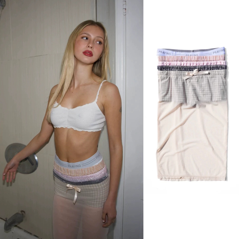 Authentic In-Stock Praying Spoof Patchwork Boxer Shorts with Multi-Layer Waistband and Sheer Gauze Half Skirt for Girls