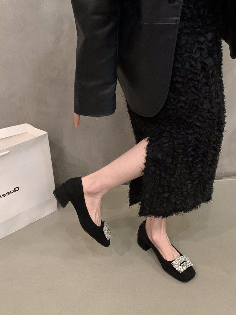 Boomer Style Middle Heel Black Commuter Single Shoes Women Shoes 2023 Fall New Temperament Water Drill Square Head Working Shoes-Taobao