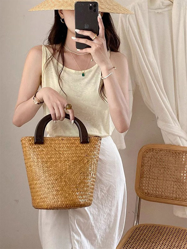Wooden Love French Retro Large-Capacity Woven Bag Straw Bag Summer New Style Handbag Bucket Bag Women's Bag Wooden Love French Retro Large-Capacity Woven Bag Straw Bag Summer New Style Handbag Bucket Bag Women's Bag