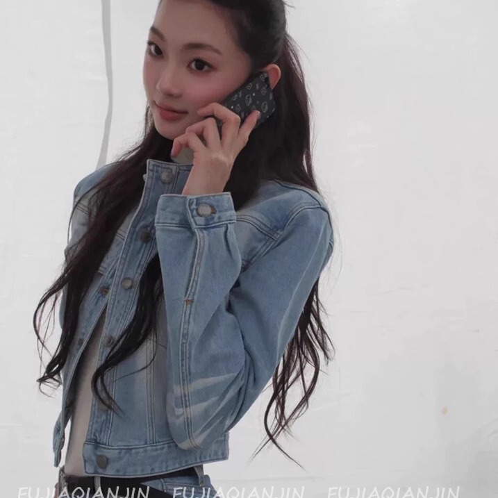 Song Yanfei's Same Style Heavy-Duty Twill Denim Whiskered Stand-Up Collar Short Denim Jacket Women's American-Style Floor-Length Pants Set