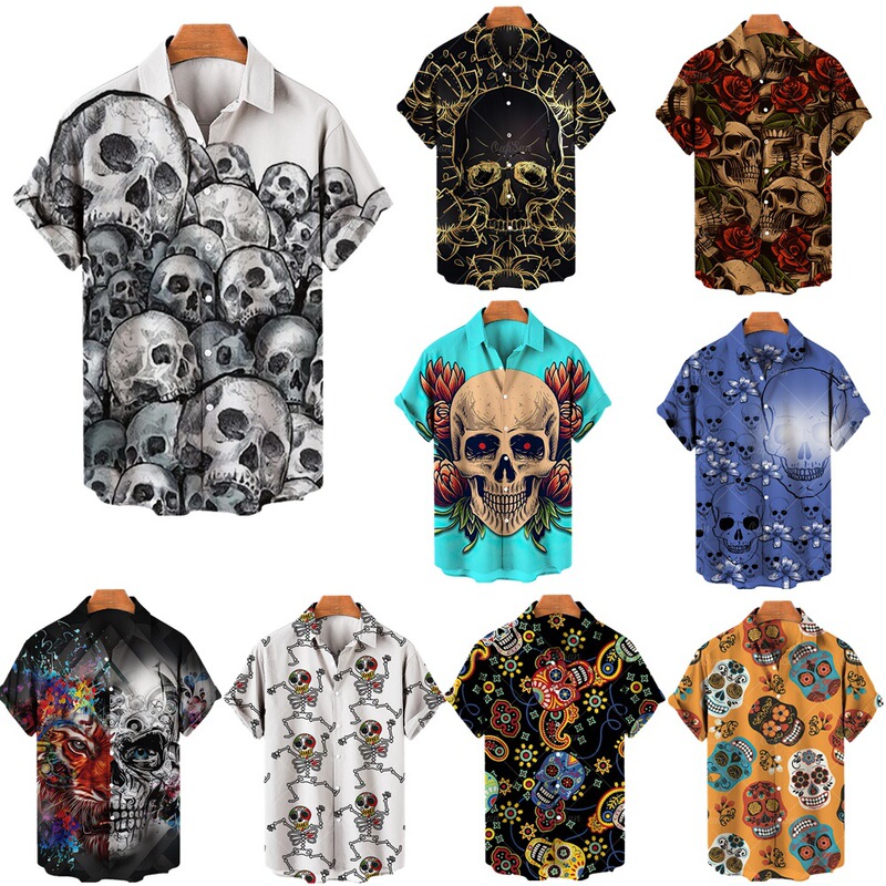 Cross-Border New Halloween Skull Element Short-Sleeved Shirt for Men, Summer Seaside Vacation Casual Printed Shirt for Women Cross-Border New Halloween Skull Element Short-Sleeved Shirt for Men, Summer Seaside Vacation Casual Printed Shirt for Women