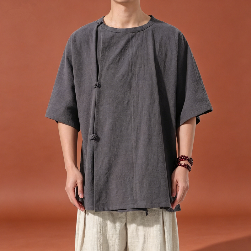 Chinese Style Pure Cotton Tang-Style Hanfu for Men, Improved Everyday Round-Neck Half-Sleeve Tang Suit, Large Size Tang-Style Short-Sleeve Top for Summer