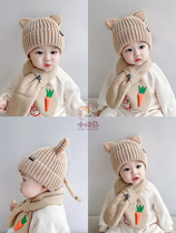 Baby hat autumn and winter cotton girl cute childrens hat wool ear protection scarf boy winter knitting