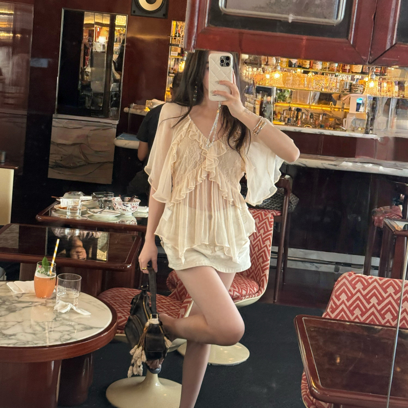 Aisui and More: Unintentionally Elegant and Soft Beauty - Nude Pink Rayon Lace Ruffle Shirt for Women Aisui and More: Unintentionally Elegant and Soft Beauty - Nude Pink Rayon Lace Ruffle Shirt for Women