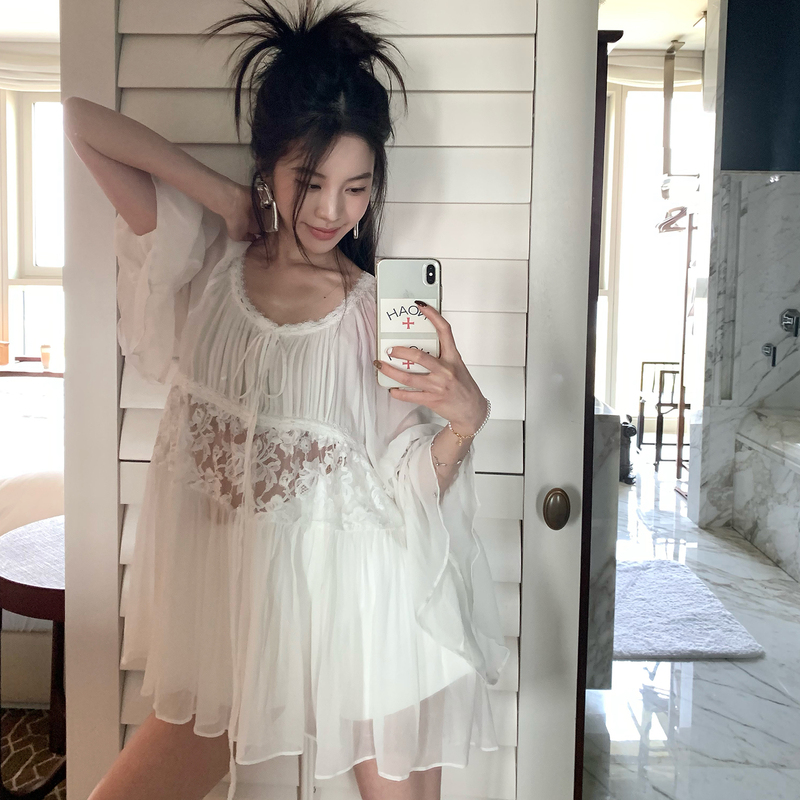 Aisui and More White Rayon Bell-Sleeve Lace Chiffon Blouse for Women, Loose Hollow-Out Design Top