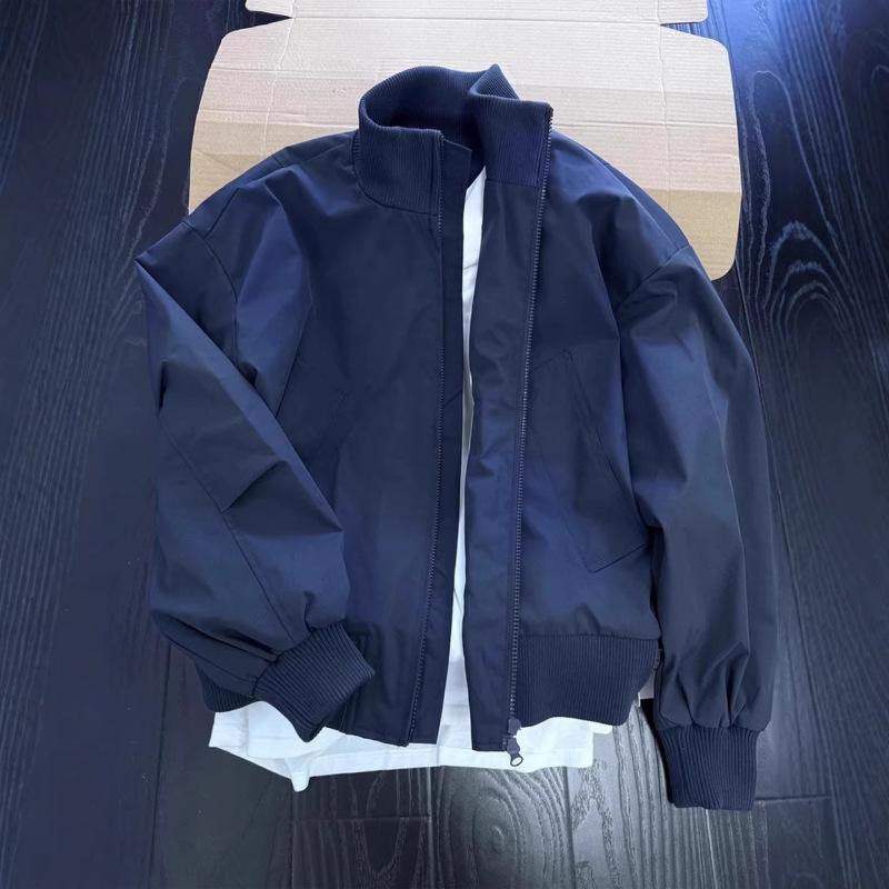 Navy Blue Stand-Up Collar Bomber Jacket for Men, Spring and Autumn American-Style Short Jacket, Couple's High Street Baseball Jacket Navy Blue Stand-Up Collar Bomber Jacket for Men, Spring and Autumn American-Style Short Jacket, Couple's High Street Baseball Jacket