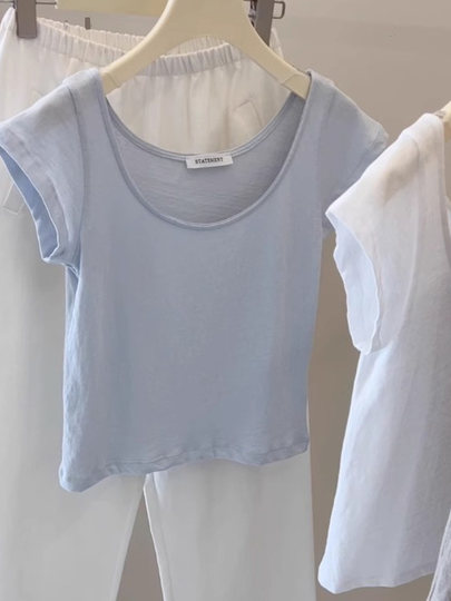 Casual and Versatile Round Neck, Straight Shoulder, Short-Sleeved T-Shirt for Women, New Summer Style, Fashionable, Slim-Fitting, Pure Color Short Top