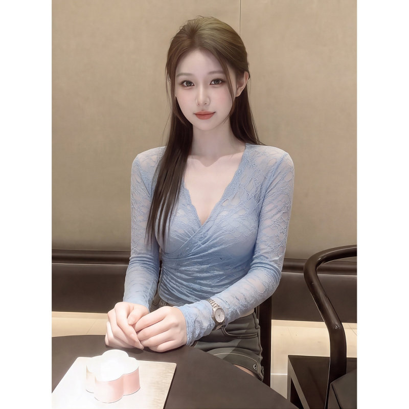 Hot Girl Pure Desire Style Sexy Lace V-Neck Long-Sleeve T-Shirt for Women, Summer Slightly See-Through Unique Beautiful Stunning Base Shirt