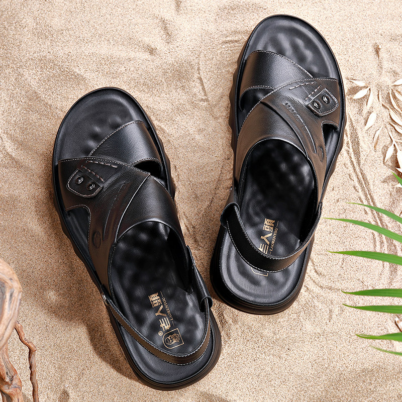 Old man's head sandals summer men's leather casual beach shoes men's leather breathable flat heels open toe non-slip sandals and slippers