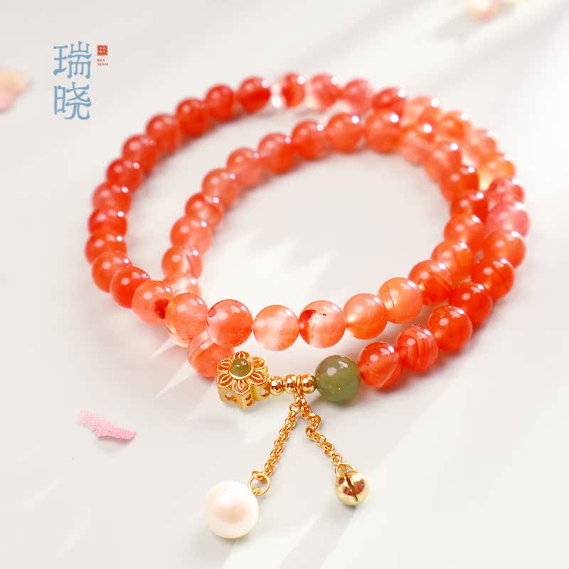 Ruixiazhu blossom natural ice floating south red - agau string female s925 pure silver transfer beads double lap bracelet