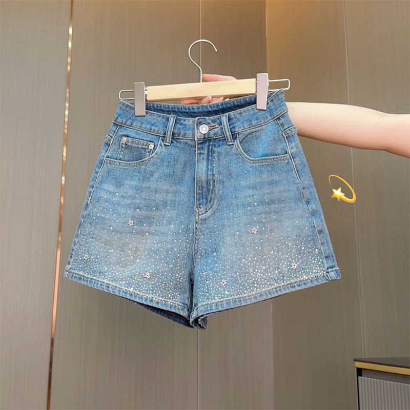 Women's Denim Shorts with Rhinestones 2026 New Popular Summer High-Waisted Slimming Stretchy Thin Wide-Leg Shorts for Petite Women with Rhinestones