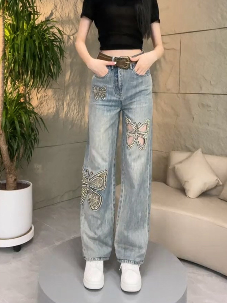 EUROPE STATION JEANS 2024 NEW WOMENS SUMMER THIN HOLE LOOSE STRAIGHT PANTS EMBROIDERED HOT DIAMOND MOP TROUSERS