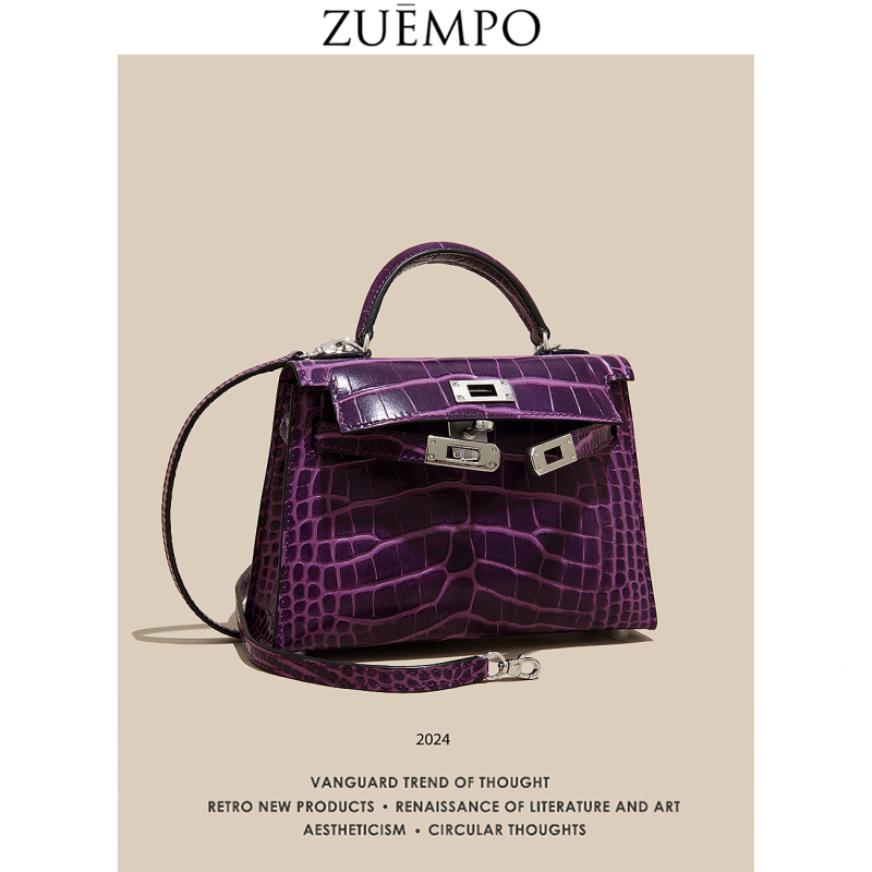 High-End First-Layer Cowhide Crossbody Bag, Grape Purple Crocodile Pattern Genuine Leather Second-Generation Kelly Bag for Women, 2026 New Model