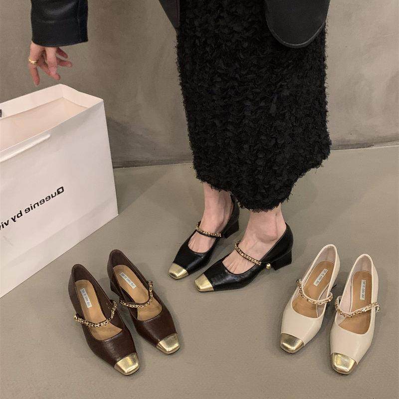 Tide Card Style Coarse Heel Square Head Mary Treasures Single Shoes Woman Shoes Son 2023 Spring Autumn Season Temperament Late Shoes-Taobao