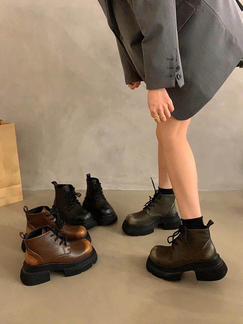 Tide card retro thick bottom small sub small short boots female boots 2023 new fall Inn wind lace Martin boots-Taobao