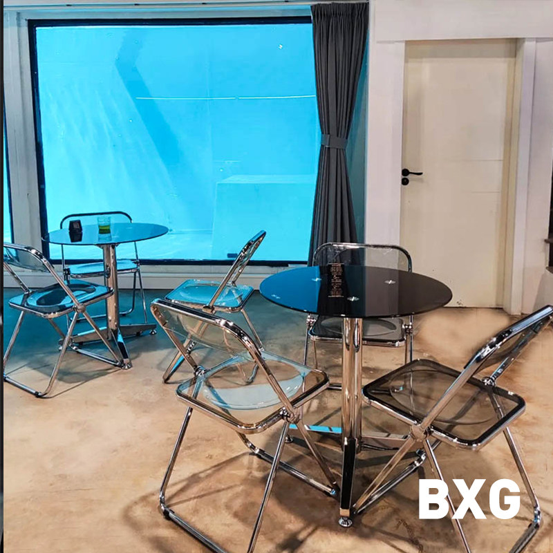 Net red ins stainless steel negotiation table transparent tempered glass round table coffee table stainless steel transparent folding chair dining chair