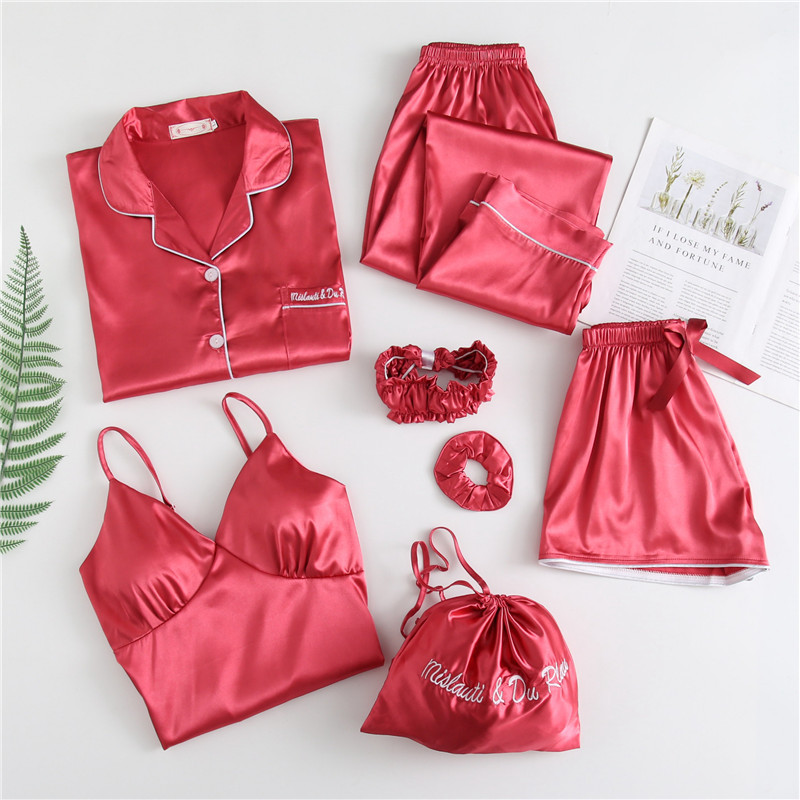 Red&M7   Pieces   Womens   Silk   Satin   Pajamas   Sets   Pyjamas   Set   Sleepwe